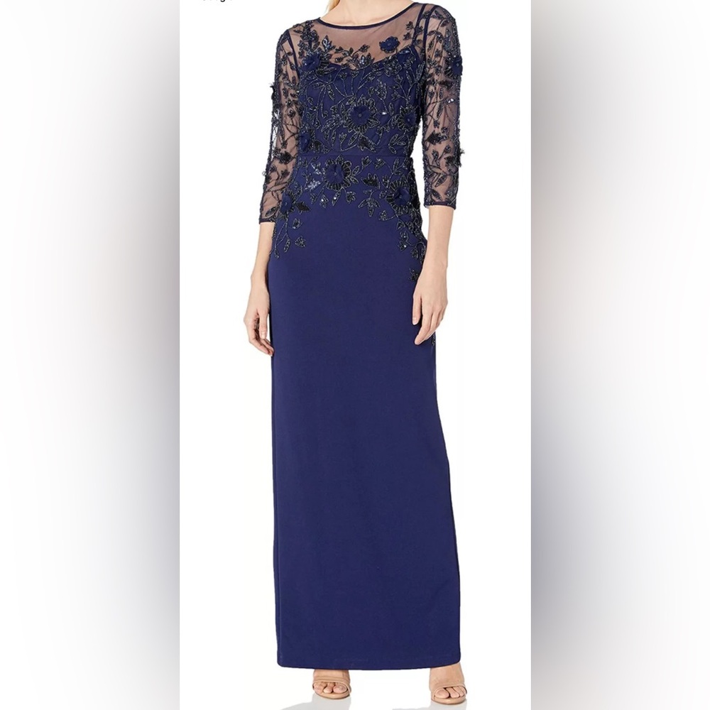 Adrianna Papell Beaded Illusion Column Gown - Navy - Size 8 - NWT